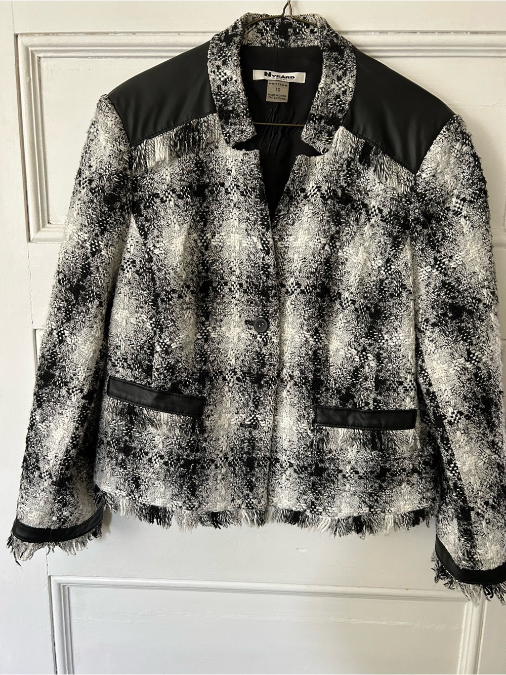 New York & Company Black and White Textured Fringe Blazer